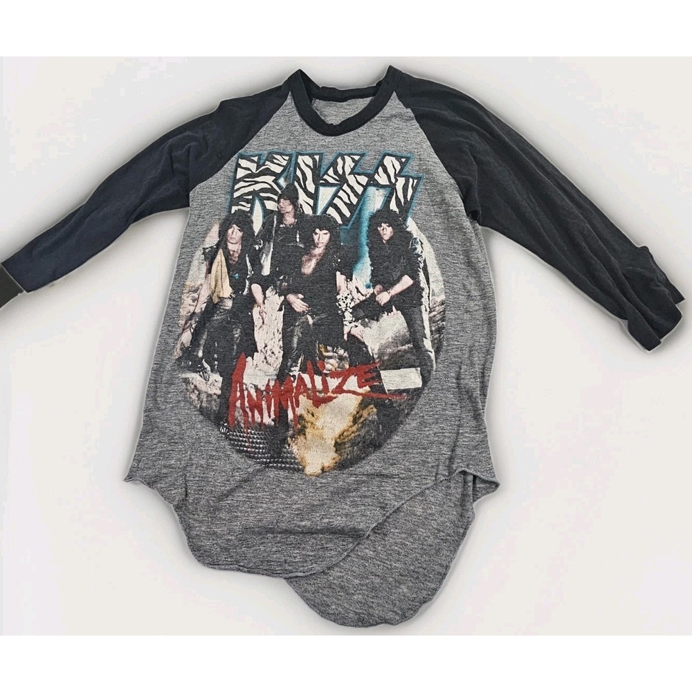 Vintage 1984/85 KISS Animalize Tour Shirt Mens Medium Gray Raglan 3/4 Sleeve USA